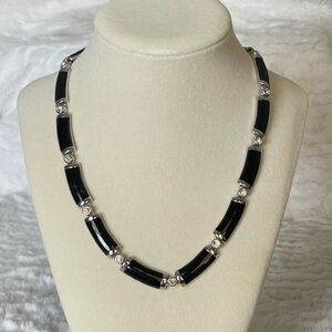 Black Enamel Link Necklace Silver Tone CZ Accents 17 Inch Modern Minimalist